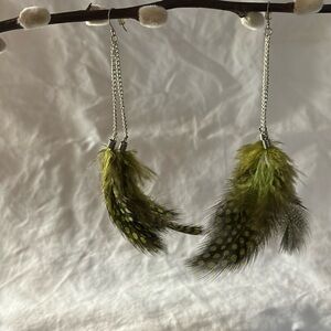 Boho Chic Black, Green dot and silver Feather Earrings